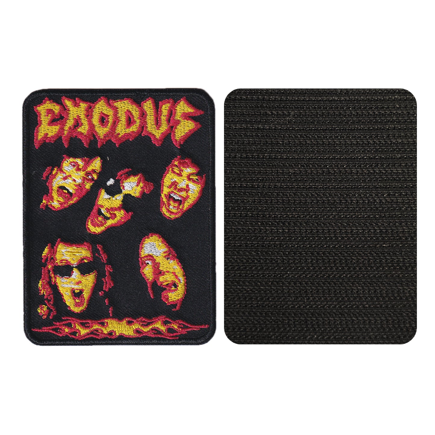 MAXIMUMPATCHES - 6,8 cm x 9 cm - Ecusson Patch Brodé Avec Scratch Cousu Au Dos + Carré Scratch A Coudre, Face Opposé 10 cm x 10 cm/Groupe Musique Métal Rock Punk Heavy Trash Blues Exodus