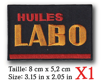 MAXIMUMPATCHES - Ecusson Patch Brodé Thermocollant - 8 cm x 5,2 cm - Rétro Vintage Automobile Motocycle Moto Huiles Labo