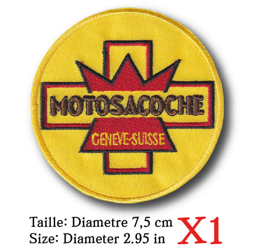 MAXIMUMPATCHES - Diametre 7,5 cm - Ecusson Patch Brodé Thermocollant - Automobile Publicité Marque Logo Moto Suisse Motosacoche