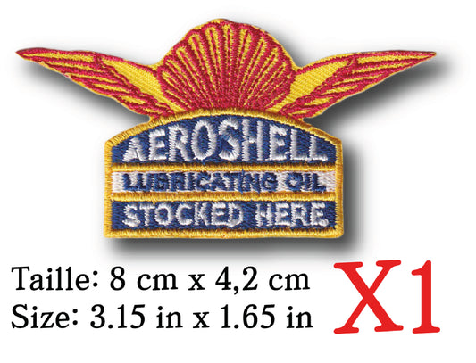MAXIMUMPATCHES - 8 cm x 4,2 cm - Ecusson Patch Brodé Thermocollant - Avion Automobile Moto Lubrifiant Additif Station Service Rétro Vintage Aéroshell Shell