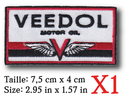MAXIMUMPATCHES - 7,5 cm x 4 cm - Ecusson Patch Brodé Thermocollant - Huile Lubrifiant Additif Station Service Rétro Vintage Veedol