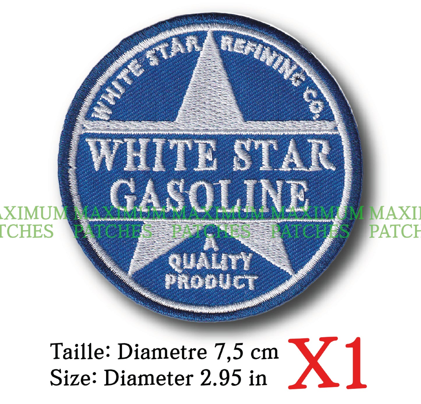 MAXIMUMPATCHES - Ecusson Patch Brodé Thermocollant - Diametre 7,5 cm - Rétro Vintage White Star Gasoline