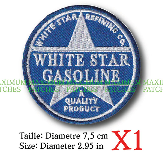 MAXIMUMPATCHES - Ecusson Patch Brodé Thermocollant - Diametre 7,5 cm - Rétro Vintage White Star Gasoline