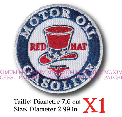 MAXIMUMPATCHES - Ecusson Patch Brodé Thermocollant - Diametre 7,6 cm - Huile Station Service Usa Vintage Rétro Gasoline Red Hat Gasoline