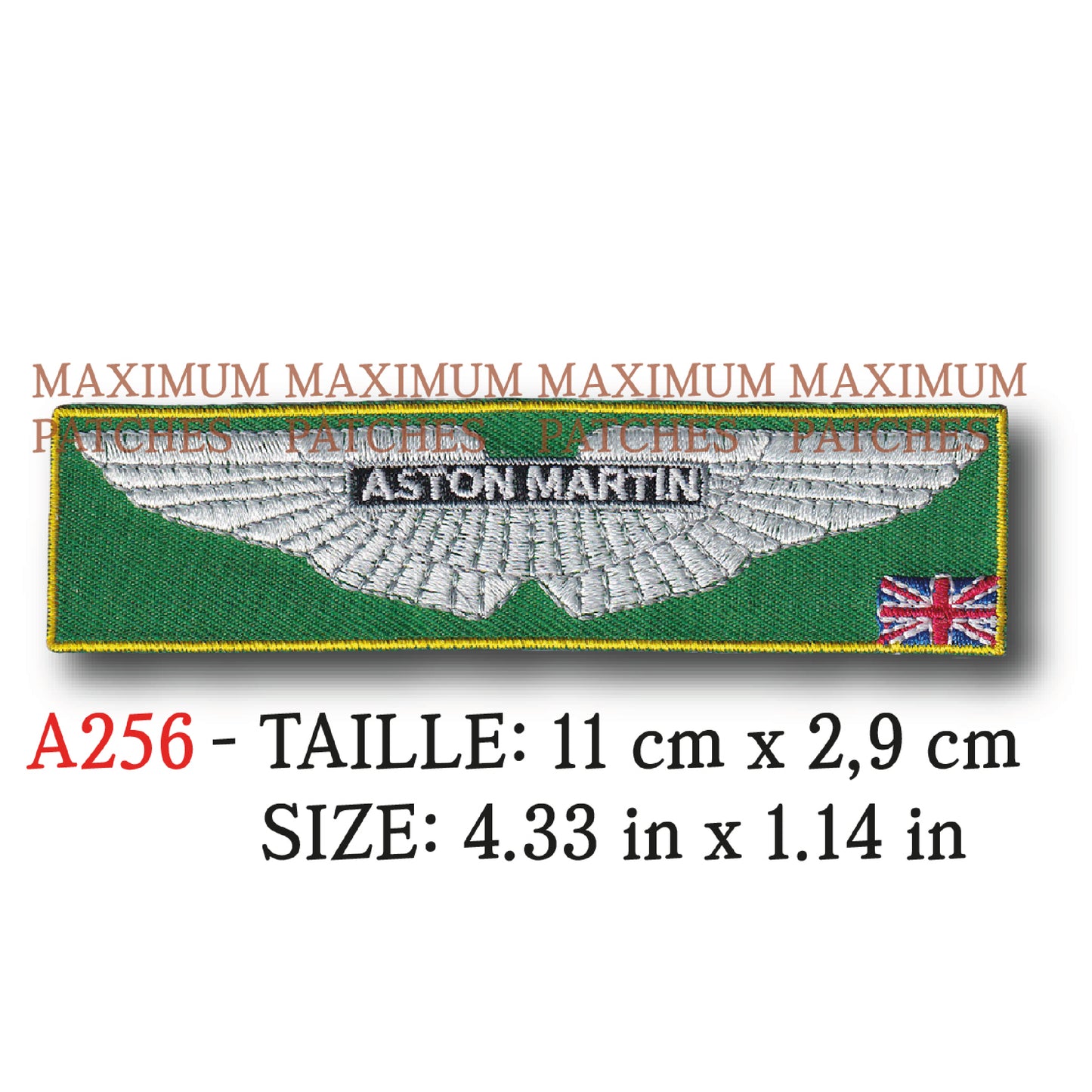 MAXIMUMPATCHES - Ecusson Patch Brodé Thermocollant - 11 cm x 2,9 cm - Automobile Moto Rétro Vintage Aston Martin