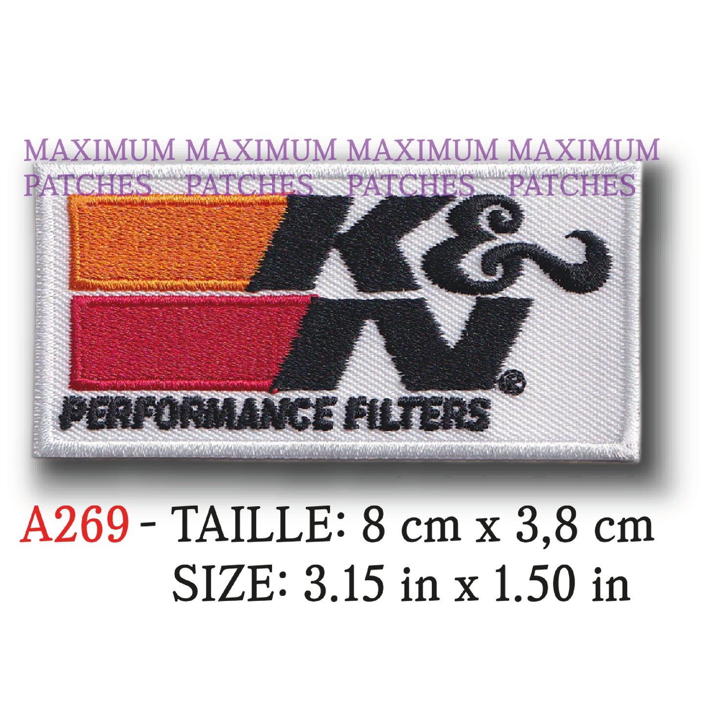 MAXIMUMPATCHES - 8 cm x 3,8 cm - Ecusson Patch Brodé Thermocollant - Filtre Air Performance Automobile Kn