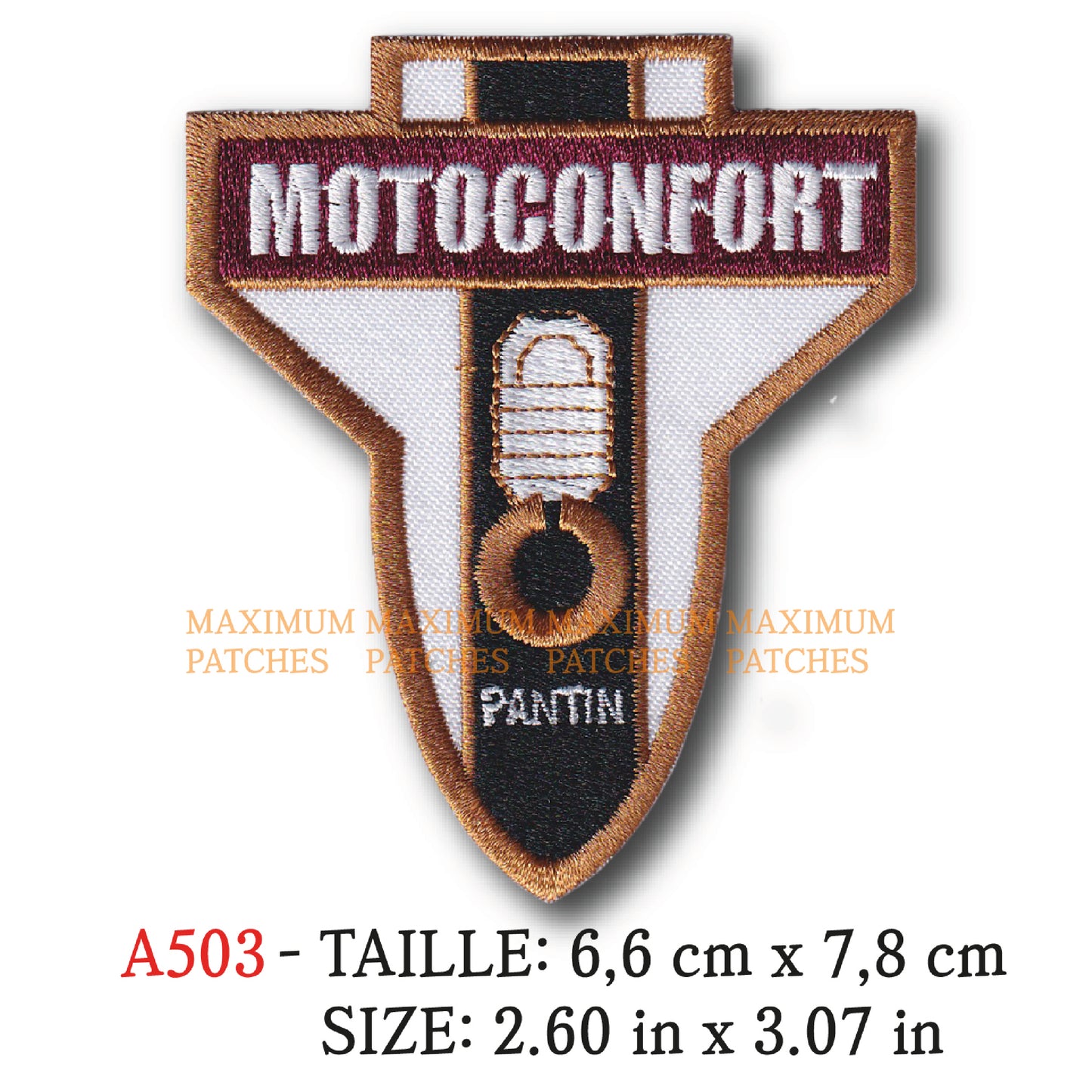 MAXIMUMPATCHES - 6,6 cm x 7,8 cm - Ecusson Patch Brodé Thermocollant - Moto France Marque Logo Publicité Ancienne Motoconfort