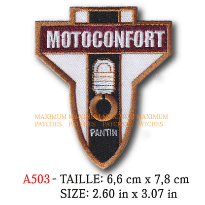 MAXIMUMPATCHES - 6,6 cm x 7,8 cm - Ecusson Patch Brodé Thermocollant - Moto France Marque Logo Publicité Ancienne Motoconfort