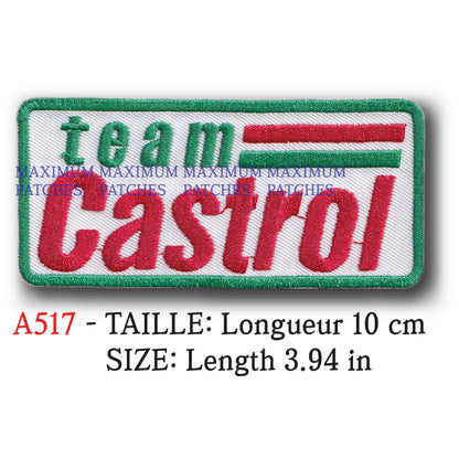 MAXIMUMPATCHES - Longueur: 10 cm - Ecusson Patch Brodé Thermocollant - Huile Lubrifiant Additif Automobile Moto Course Publicité Ancienne Rétro Vintage Castrol Team