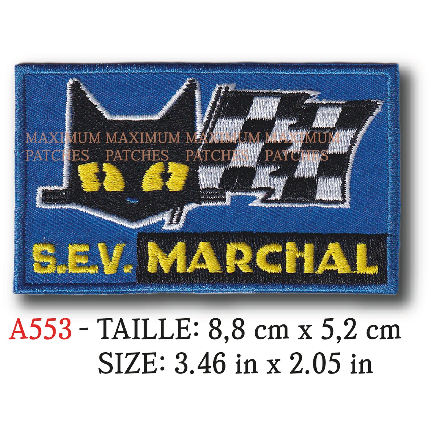 MAXIMUMPATCHES - 8,8 cm x 5,2 cm - Ecusson Patch Brodé Thermocollant - Bougie Phare Démarreur Alternateur Pièce Automobile Moto Ancienne Rétro Vintage Publicité Sev Marchal