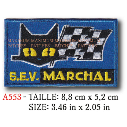 MAXIMUMPATCHES - 8,8 cm x 5,2 cm - Ecusson Patch Brodé Thermocollant - Bougie Phare Démarreur Alternateur Pièce Automobile Moto Ancienne Rétro Vintage Publicité Sev Marchal
