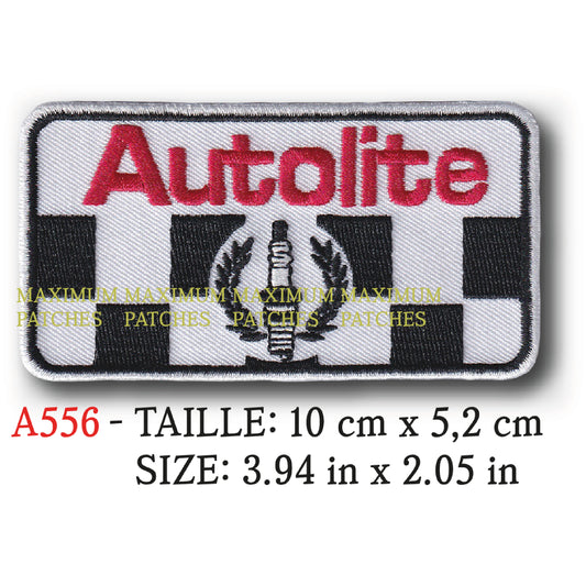 MAXIMUMPATCHES - 10 cm x 5,2 cm - Ecusson Patch Brodé Thermocollant - Bougie Automobile Moto Publicité Ancienne Marque Logo Rétro Vintage Autolite