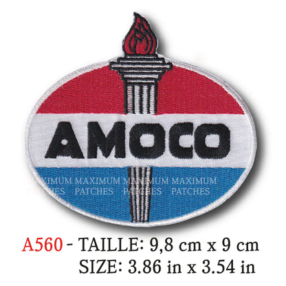 MAXIMUMPATCHES - 9,8 cm x 9 cm - Ecusson Patch Brodé Themocollant - Essence Station Service Course Race Huile Lubrifiant Marque Logo Publicité Rétro Vintage Amoco