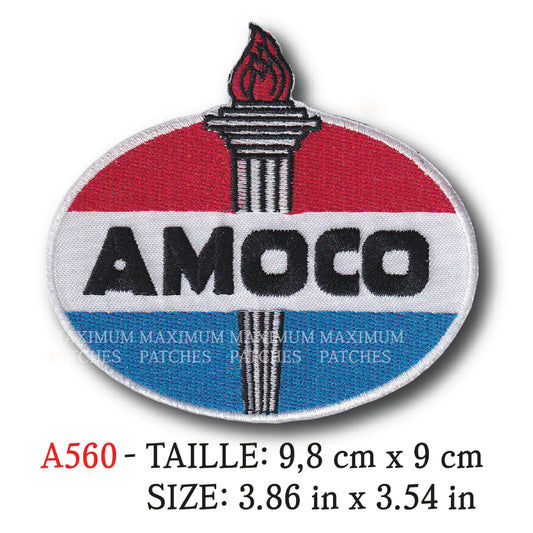 MAXIMUMPATCHES - 9,8 cm x 9 cm - Ecusson Patch Brodé Themocollant - Essence Station Service Course Race Huile Lubrifiant Marque Logo Publicité Rétro Vintage Amoco