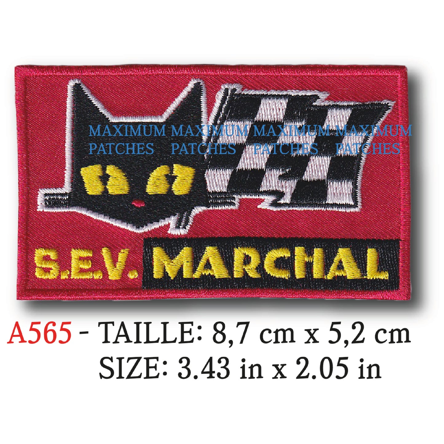 MAXIMUMPATCHES - 8,7 cm x 5,2 cm - Ecusson Patch Brodé Thermocollant - Pièce Automobile France Rétro Vintage Marque Logo Phare Ampoule Automobile Marchal Sev