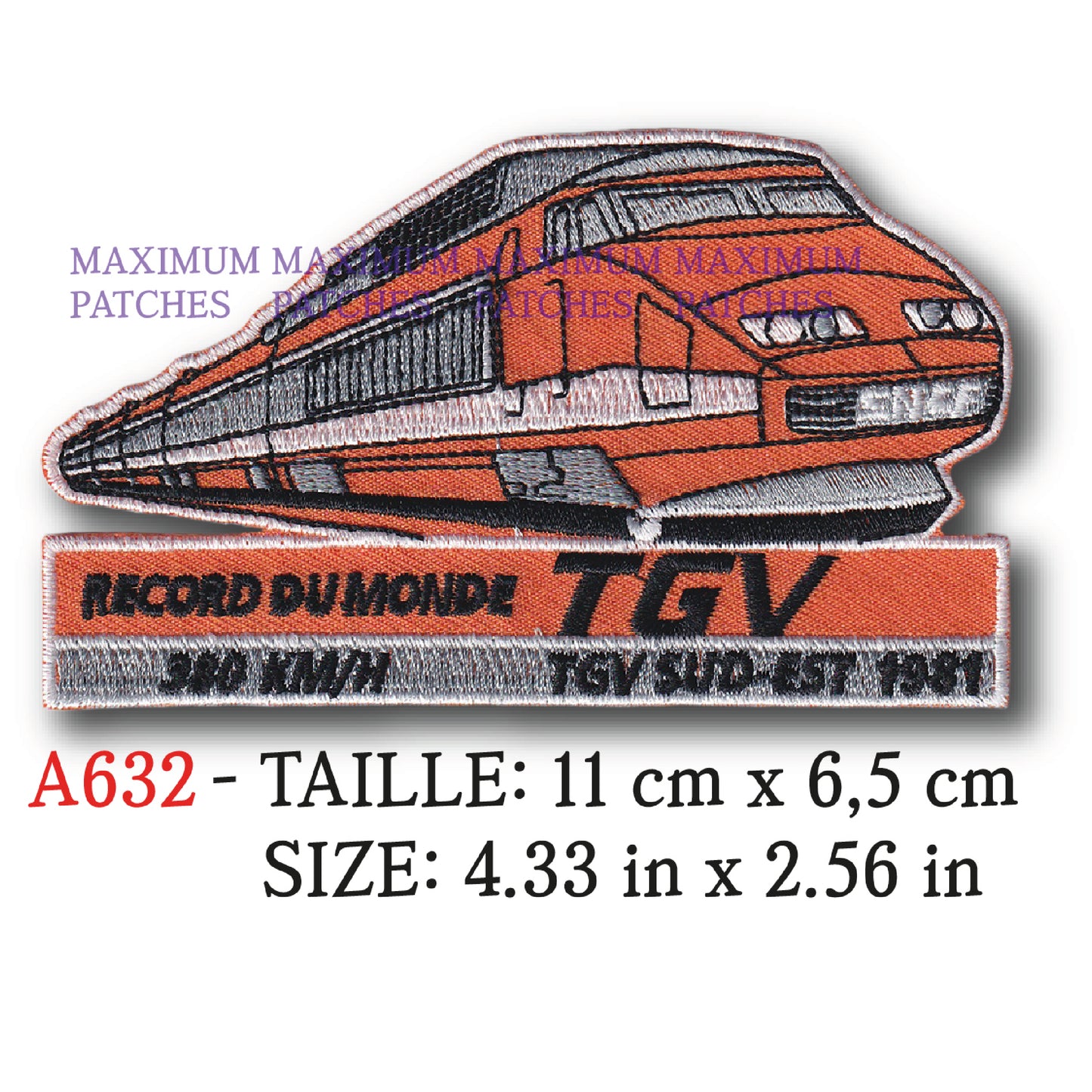 MAXIMUMPATCHES - Ecusson Patch Brodé Thermocollant - 11 cm x 6,5 cm - Tgv Train Sncf Record Du Monde Locomotive