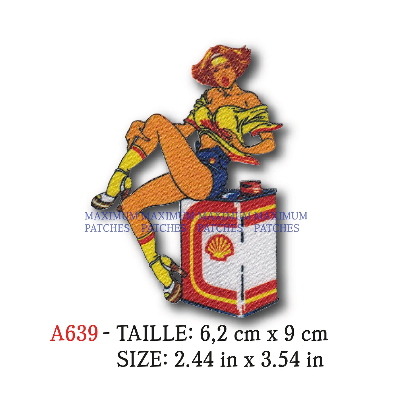 MAXIMUMPATCHES - Ecusson Patch Imprimé Thermocollant - 6,2 cm x 9 cm - Huile Marque Logo Rétro Vintage Pin Up Shell