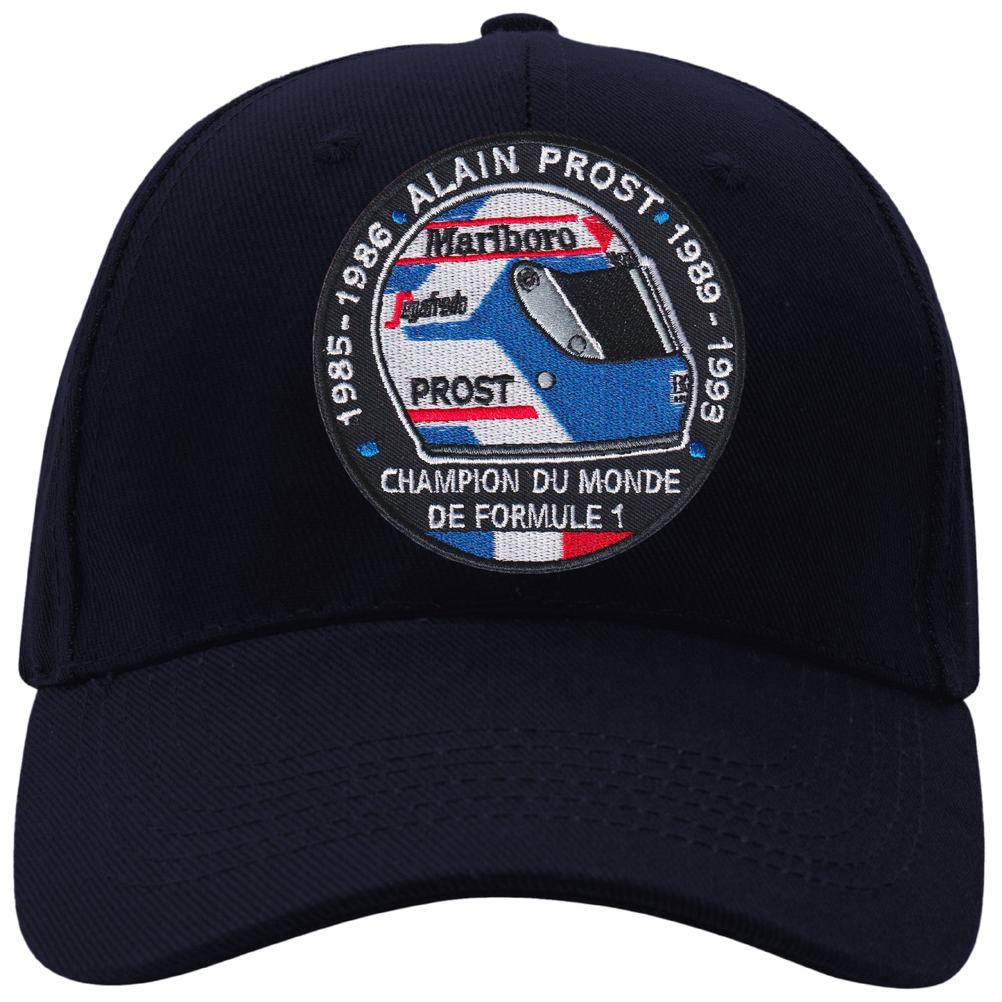 MAXIMUMPATCHES - Alain Prost - CASQUETTE coton bleu, taille unique, réglable, personnalisée avec écusson brodé thermocollé sur le fronton