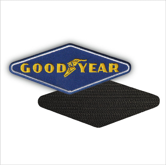 MAXIMUMPATCHES - 10 cm x 4 cm - Ecusson Patch Brodé Avec Scratch Cousu Au Dos + Carré Scratch A Coudre, Face Opposé Offerte, Pneus Course Automobile Vintage Goodyear