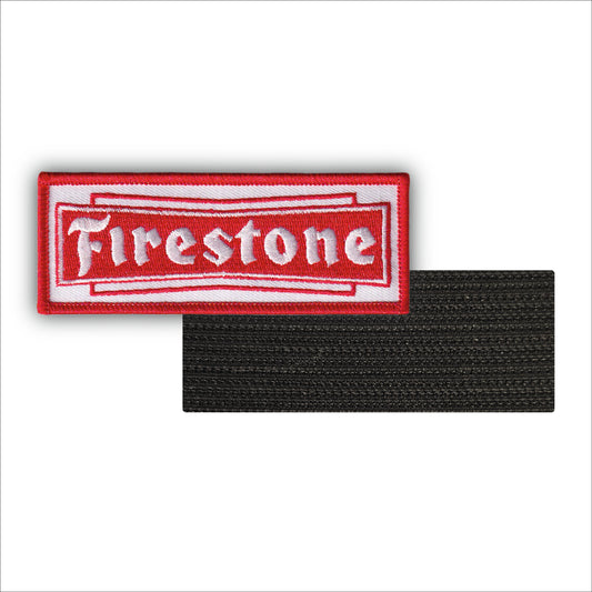 MAXIMUMPATCHES - 10 cm x 3,8 cm - Ecusson Patch Brodé Avec Scratch Cousu Au Dos + Carré Scratch A Coudre, Face Opposé Offerte, Pneus Course Automobile Combinaison Pilote Vintage Firestone