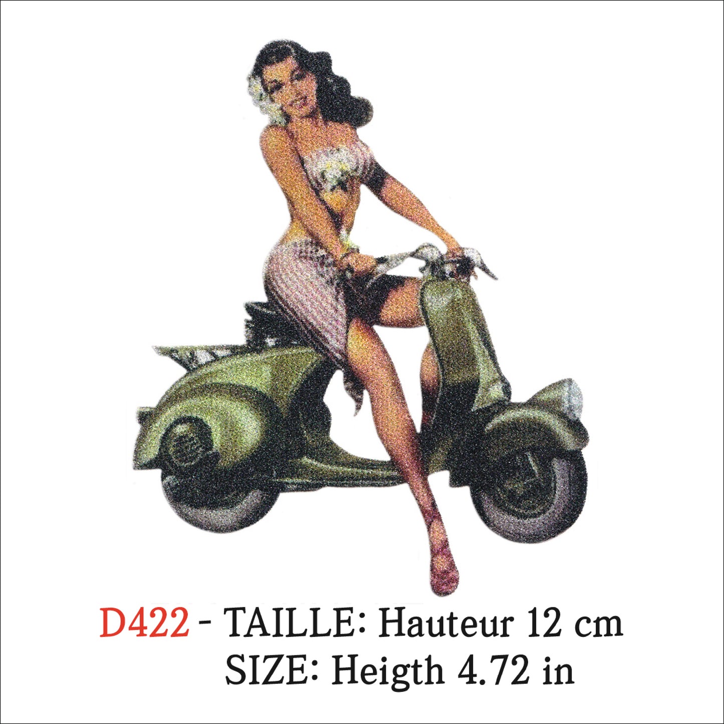 MAXIMUMPATCHES - Ecusson Patch Imprimé Thermocollant - Hauteur 12 cm - Pin-Up Scooter Vintage Rétro
