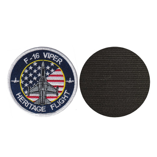 MAXIMUMPATCHES - Diamètre 8 cm - Ecusson Patch Brodé Avec Scratch Cousu Au Dos + Carré Scratch A Coudre, Face Opposé 10 cm x 10 cm/F 16 Viper Armée Militaire Avion Chasse