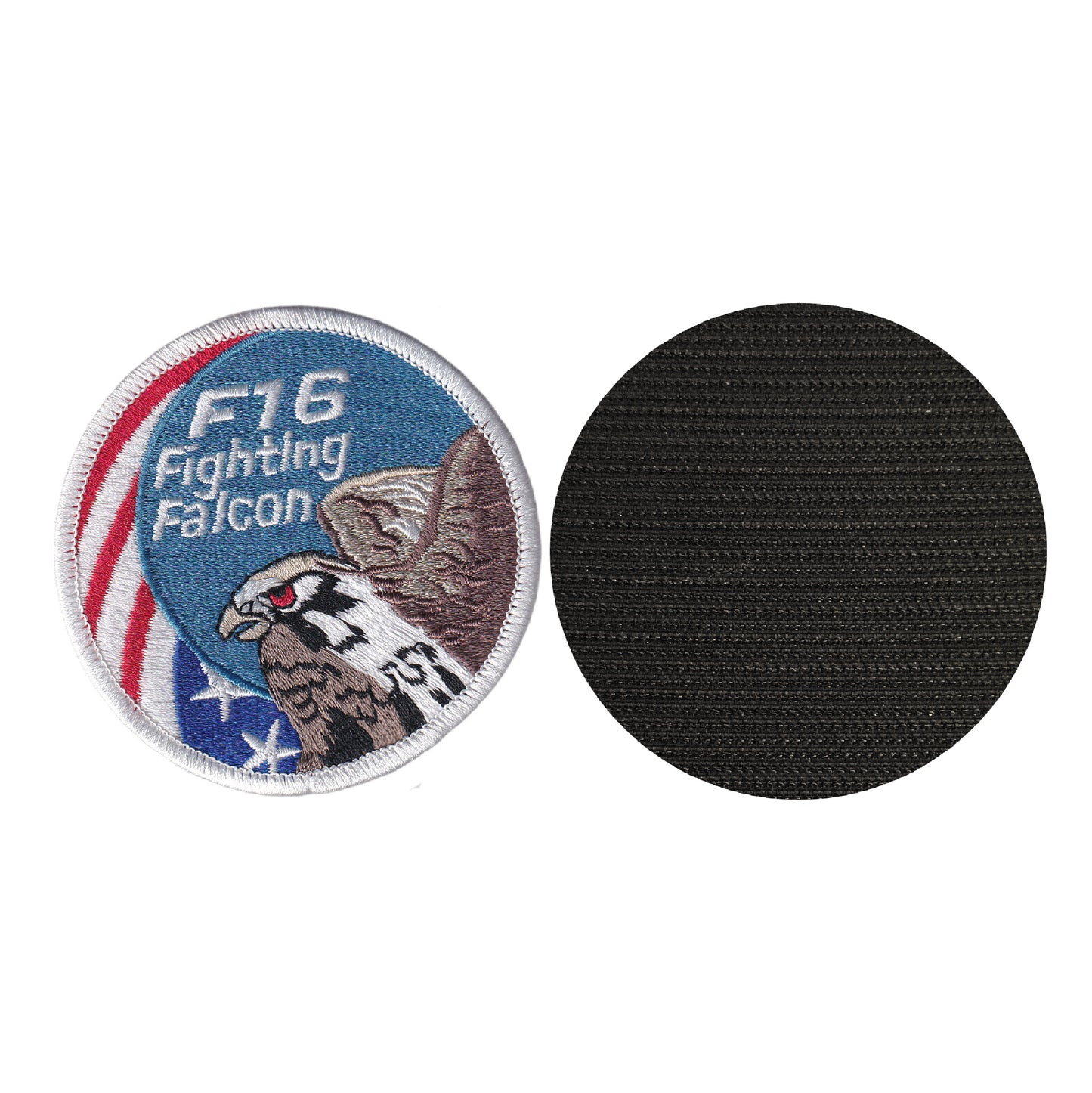 MAXIMUMPATCHES - Diamètre 8 cm - Ecusson Patch Brodé Avec Scratch Cousu Au Dos + Carré Scratch A Coudre, Face Opposé 10 cm x 10 cm/F 16 Fighting Falcon Armée Militaire Avion Chasse