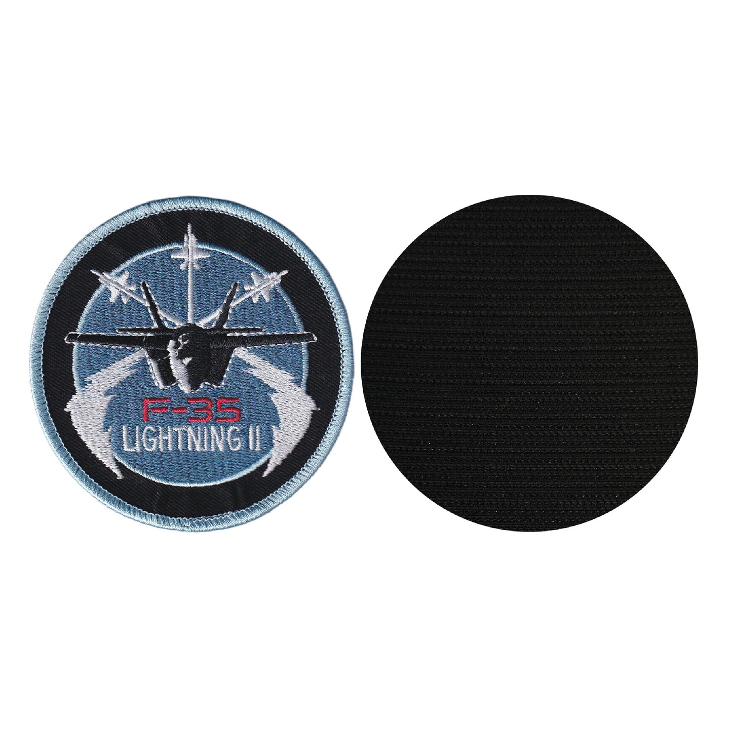 MAXIMUMPATCHES - Diamètre 8 cm - Ecusson Patch Brodé Avec Scratch Cousu Au Dos + Carré Scratch A Coudre, Face Opposé 10 cm x 10 cm Offert/Avion Militaire F-35 F 35 Lightning