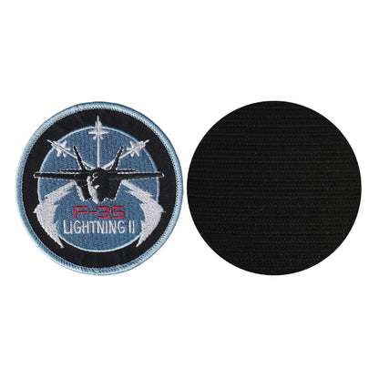 MAXIMUMPATCHES - Diamètre 8 cm - Ecusson Patch Brodé Avec Scratch Cousu Au Dos + Carré Scratch A Coudre, Face Opposé 10 cm x 10 cm Offert/Avion Militaire F-35 F 35 Lightning