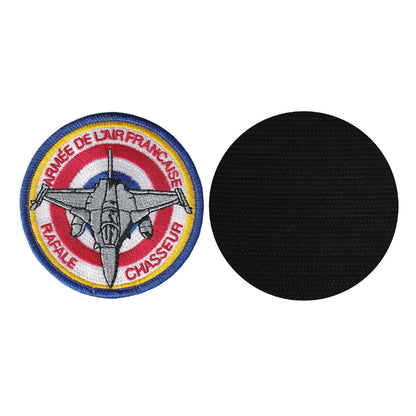MAXIMUMPATCHES - Diametre 8 cm - Ecusson Patch Brodé Avec Scratch Cousu Au Dos + Carré Scratch A Coudre, Face Opposé 10 cm x 10 cm Offert/Avion Militaire Rafale France
