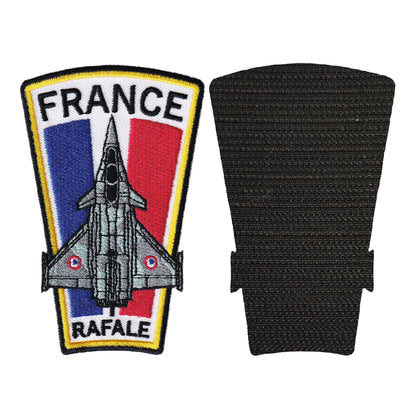 MAXIMUMPATCHES - Diamètre 10 cm x 6,5 cm - Ecusson Patch Brodé Avec Scratch Cousu Au Dos + Carré Scratch A Coudre, Face Opposé 10 cm x 10 cm Avion Militaire Chasse Rafale France