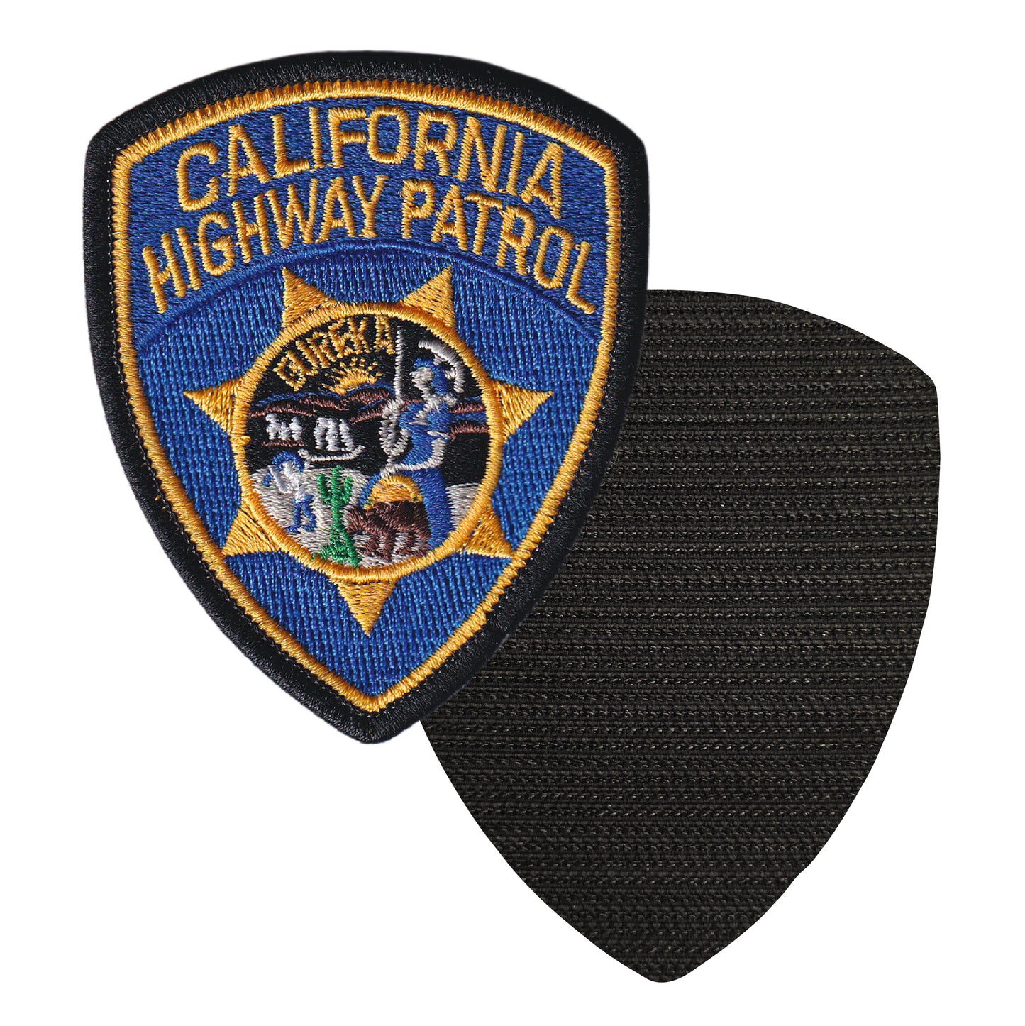 MAXIMUMPATCHES - Diamètre 8 cm x 6,6 cm - Ecusson Patch Brodé Avec Scratch Cousu Au Dos + Carré Scratch A Coudre, Face Opposé 10 cm x 10 cm Police Usa California Highway Patrol