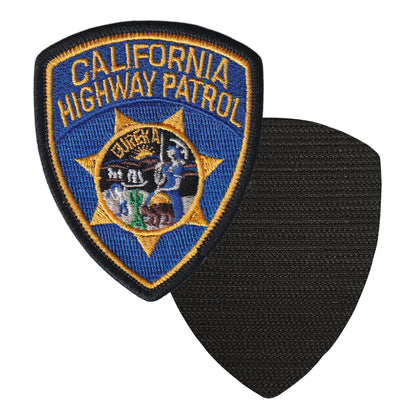 MAXIMUMPATCHES - Diamètre 8 cm x 6,6 cm - Ecusson Patch Brodé Avec Scratch Cousu Au Dos + Carré Scratch A Coudre, Face Opposé 10 cm x 10 cm Police Usa California Highway Patrol