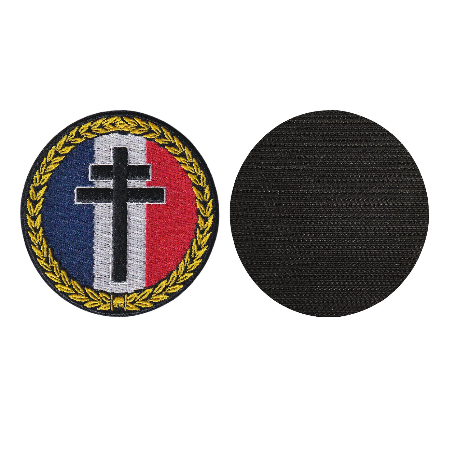 MAXIMUMPATCHES - Diametre 8 cm - Ecusson Patch Brodé Avec Scratch Cousu Au Dos + Carré Scratch A Coudre, Face Opposé 10 cm x 10 cm Offert/Croix Lorraine Résistance