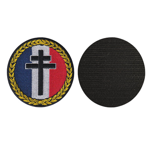 MAXIMUMPATCHES - Diametre 8 cm - Ecusson Patch Brodé Avec Scratch Cousu Au Dos + Carré Scratch A Coudre, Face Opposé 10 cm x 10 cm Offert/Croix Lorraine Résistance