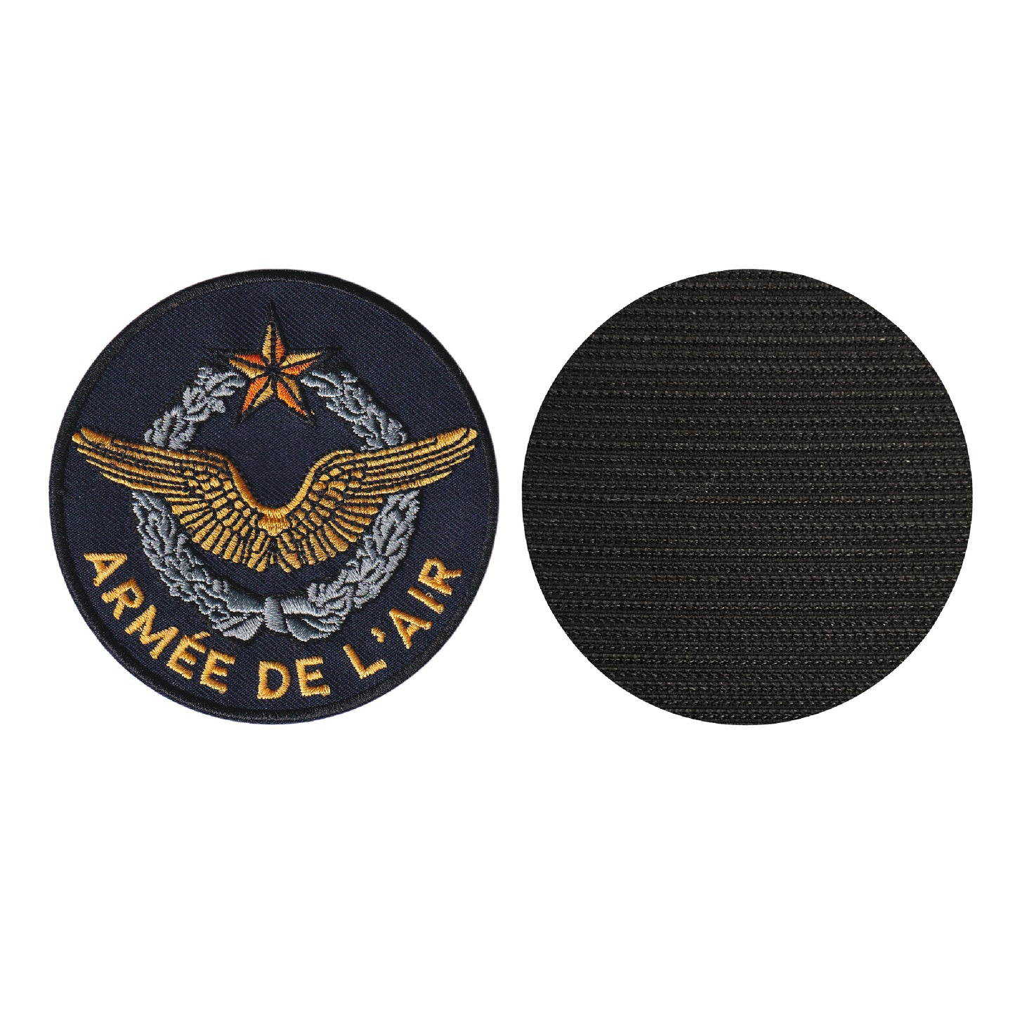 MAXIMUMPATCHES - Diamètre: 8 cm - Ecusson Patch Brodé Avec Scratch Cousu Au Dos + Carré Scratch A Coudre, Face Opposé 10 cm x 10 cm Offert/Armée de l'air France blason