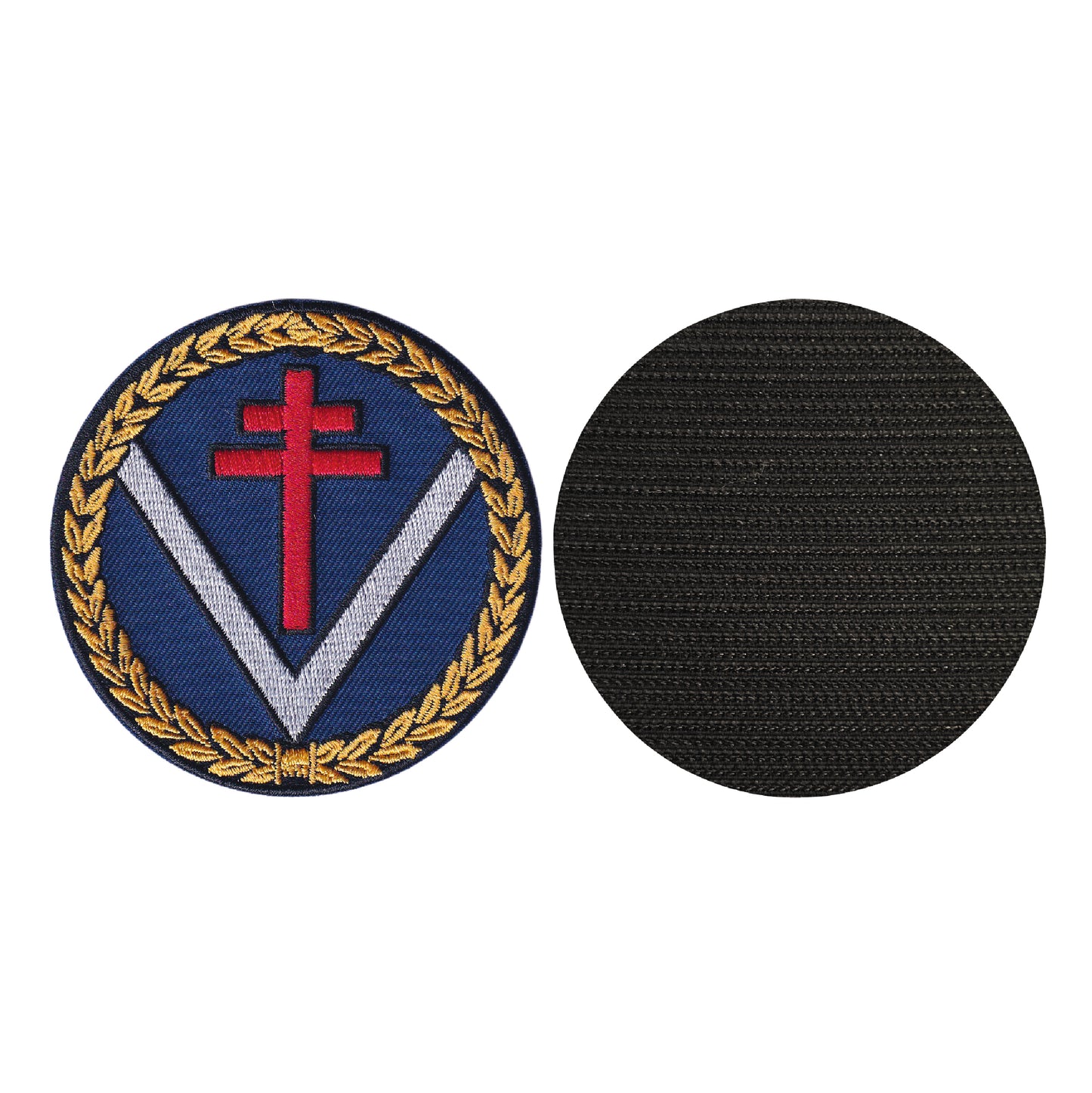 MAXIMUMPATCHES - Diamètre: 8 cm - Ecusson Patch Brodé Avec Scratch Cousu Au Dos + Carré Scratch A Coudre, Face Opposé 10 cm x 10 cm Offert/Croix Lorraine V résistance