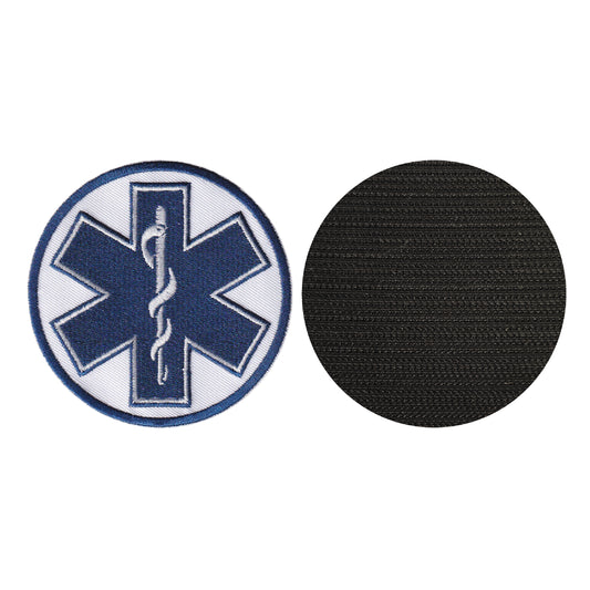 MAXIMUMPATCHES - Diamètre: 8 cm - Ecusson Patch Brodé Avec Scratch Cousu Au Dos + Carré Scratch A Coudre, Face Opposé 10 cm x 10 cm Offert/Croix Vie Infirmier Samu