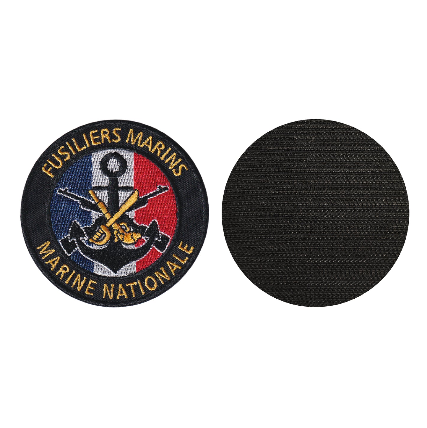 MAXIMUMPATCHES - Diametre 8 cm - Ecusson Patch Brodé Avec Scratch Cousu Au Dos + Carré Scratch A Coudre, Face Opposé 10 cm x 10 cm Offert/Fusiliers Marins Marine Nationale