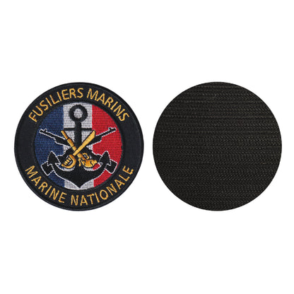 MAXIMUMPATCHES - Diametre 8 cm - Ecusson Patch Brodé Avec Scratch Cousu Au Dos + Carré Scratch A Coudre, Face Opposé 10 cm x 10 cm Offert/Fusiliers Marins Marine Nationale
