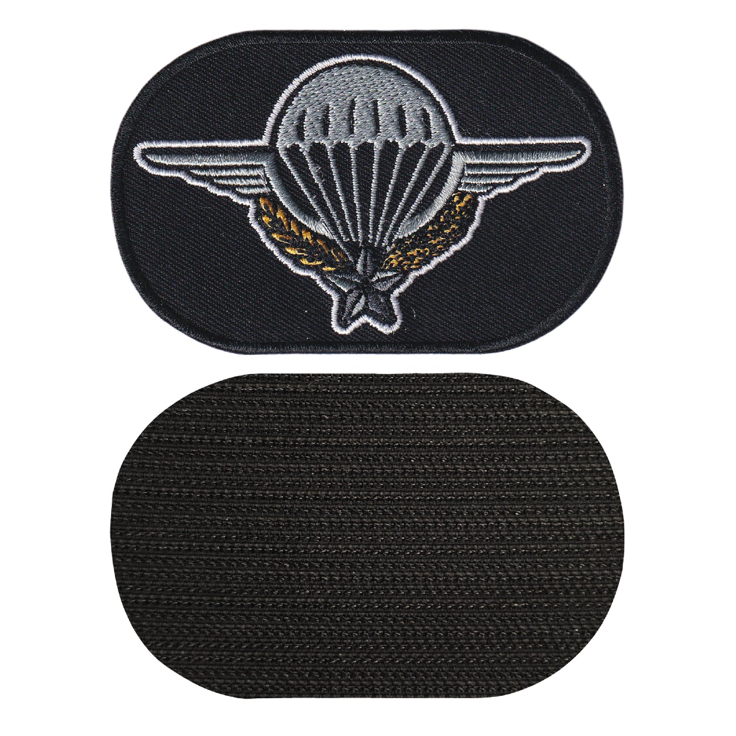MAXIMUMPATCHES - Dim: 9 cm x 5,6 cm - Ecusson Patch Brodé Avec Scratch Cousu Au Dos + Carré Scratch A Coudre, Face Opposé 10 cm x 10 cm Offert/Parachutiste Militaire Commando