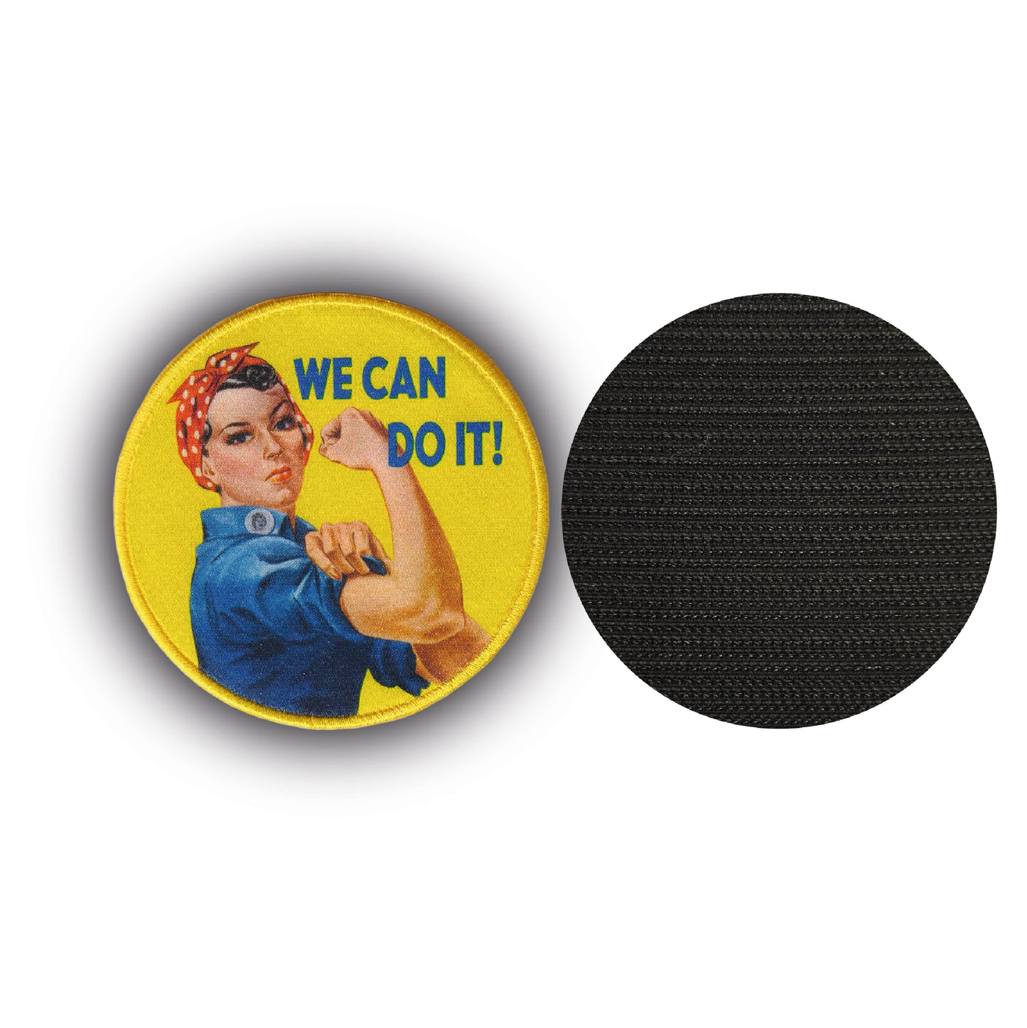 MAXIMUMPATCHES - Diamètre 8 cm - Ecusson Patch Imprimé et Brodé Avec Scratch Cousu Au Dos + Carré Scratch A Coudre, Face Opposé Offerte/We can do it, rosie the riveter riveteuse