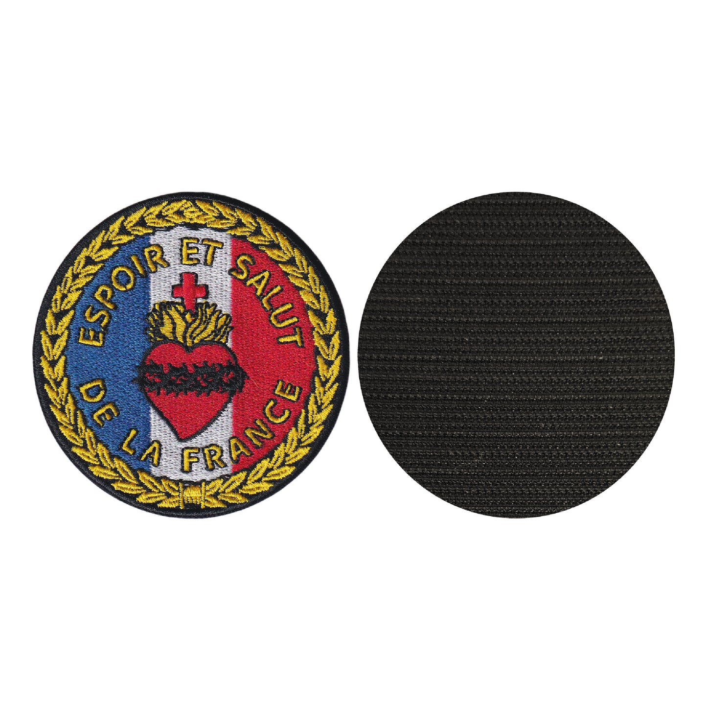 MAXIMUMPATCHES - Diamètre 7,8 cm - Ecusson Patch Brodé Avec Scratch Cousu Au Dos + Carré Scratch a Coudre, Face Opposé Offerte/Espoir Et Salut De La France Coeur Couronné Chrétien