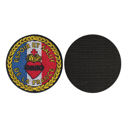 MAXIMUMPATCHES - Diamètre 7,8 cm - Ecusson Patch Brodé Avec Scratch Cousu Au Dos + Carré Scratch a Coudre, Face Opposé Offerte/Espoir Et Salut De La France Coeur Couronné Chrétien