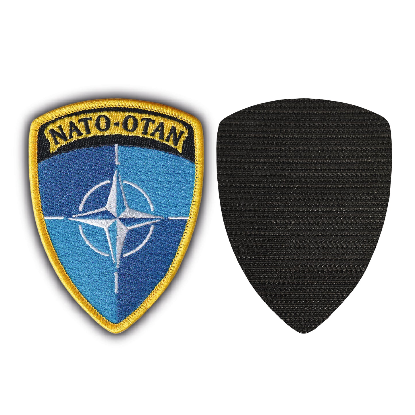 MAXIMUMPATCHES - Dim: 9 cm x 6,7 cm - Ecusson Patch Brodé Avec Scratch Cousu Au Dos + Carré Scratch a Coudre, Face Opposé Offerte/Otan Nato Armée Militaire Terre Air Mer