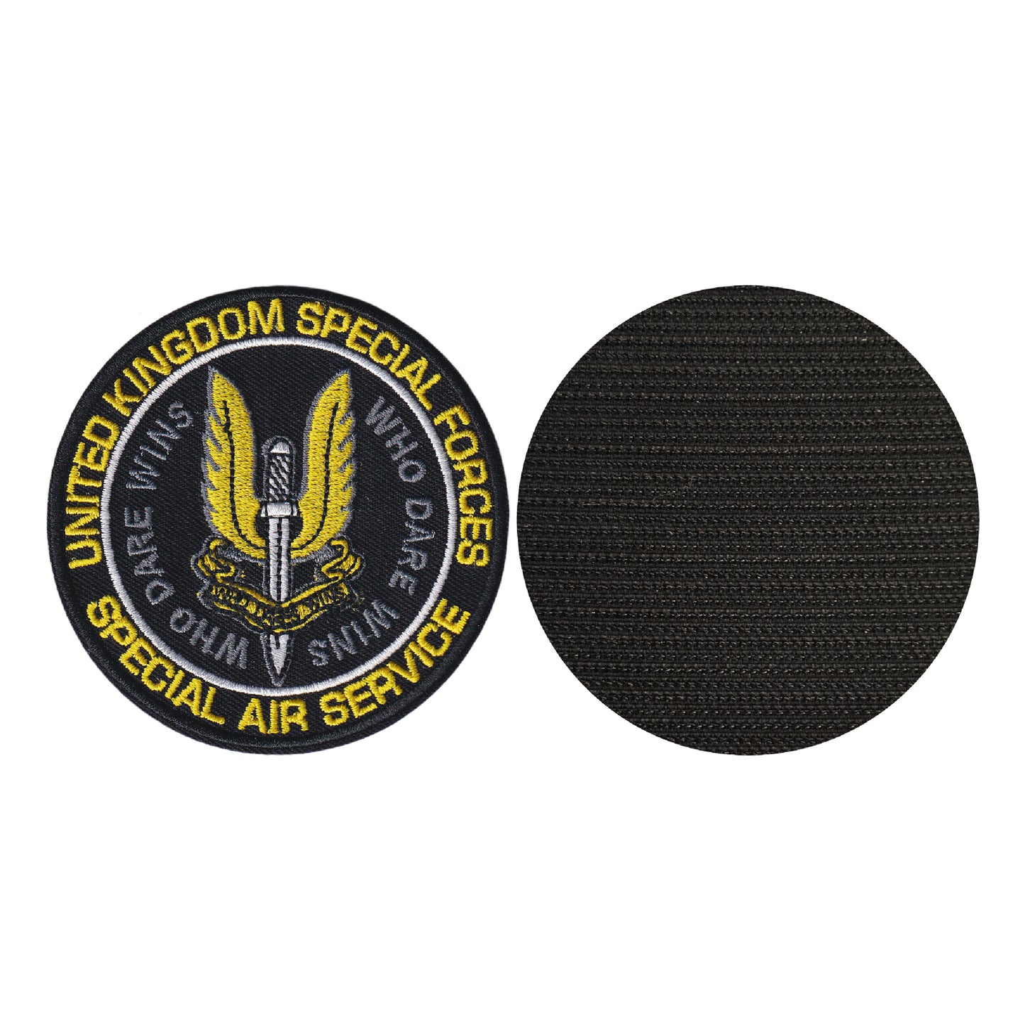 MAXIMUMPATCHES - Diamètre 8 cm - Ecusson Patch Brodé Avec Scratch Cousu Au Dos + Carré Scratch a Coudre, Face Opposé Offerte/Sas Who dare Wins Spécial Air Service United Kingdom