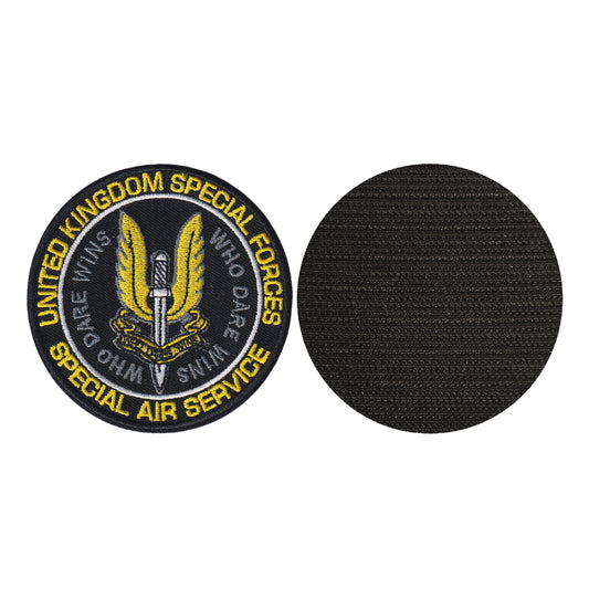 MAXIMUMPATCHES - Diamètre 8 cm - Ecusson Patch Brodé Avec Scratch Cousu Au Dos + Carré Scratch a Coudre, Face Opposé Offerte/Sas Who dare Wins Spécial Air Service United Kingdom