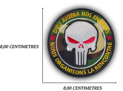 MAXIMUMPATCHES - Diamètre: 8 cm - Ecusson Patch Brodé Avec Scratch Cousu Au Dos + Carré Scratch A Coudre, Face Opposé Offerte, Punisher Dieu jugera nos ennemis, nous organisons la rencontre