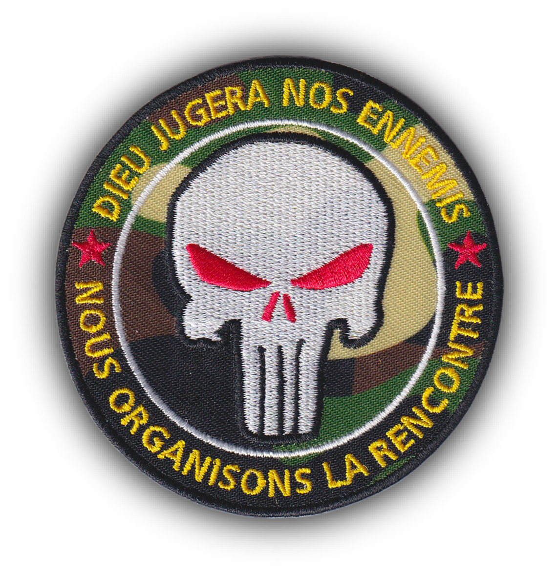 MAXIMUMPATCHES - Ecusson Thermocollant Brodé - Diamètre 8 cm - Patch Punisher Dieu jugera Nos Ennemis Camouflage