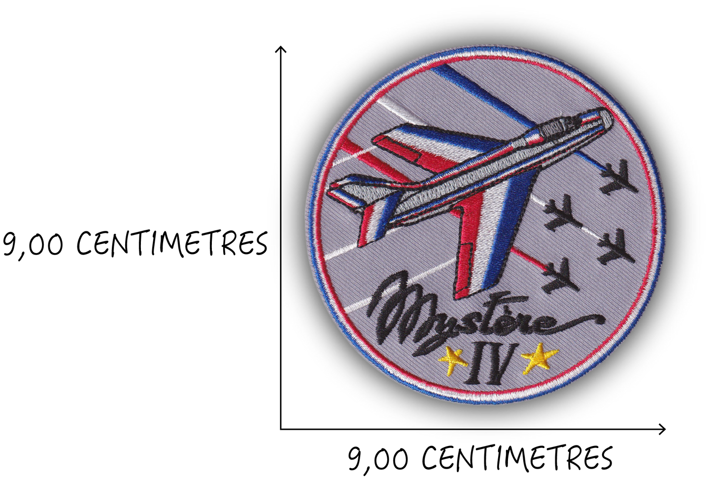 MAXIMUMPATCHES - Diamètre 9 cm - Ecusson Patch Brodé Avec Scratch Cousu Au Dos + Carré Scratch A Coudre, Face Opposé Offerte, Avion Aviation Dassault Mirage Rafale Armée de l'air Mystère 4 IV